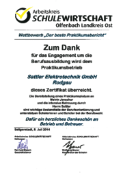 Zertifikat für die Bereitstellung eines Praktikumsplatzes