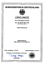 Urkunde über die Eintragung der Marke Sattler Elektrotechnik